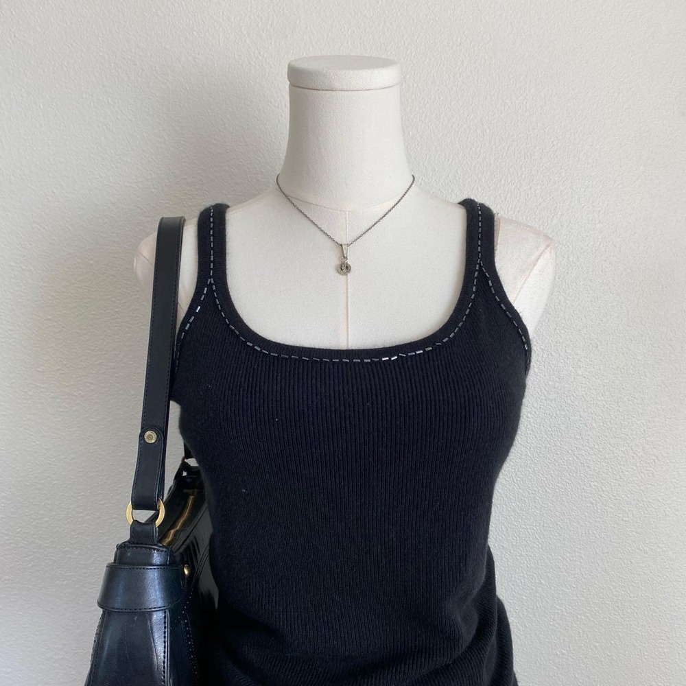 Vintage Amanda Smith Petites Black Ribbed Tank With Bead Trim Square Neckline